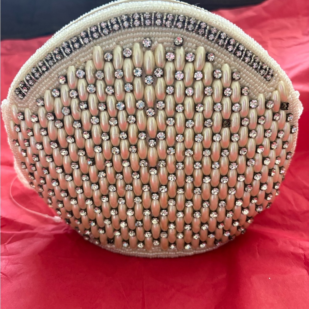 Artisan Beaded Ivory Evening Clutch with Rhinestone Detail